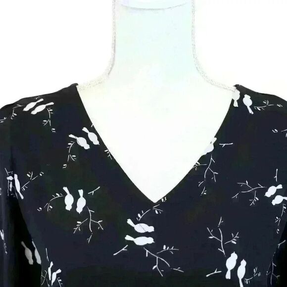Ann Taylor LOFT Black Lovebirds Blouse V Neck Long Sleeve Sheer Tie Back Size XS - Picture 2 of 9